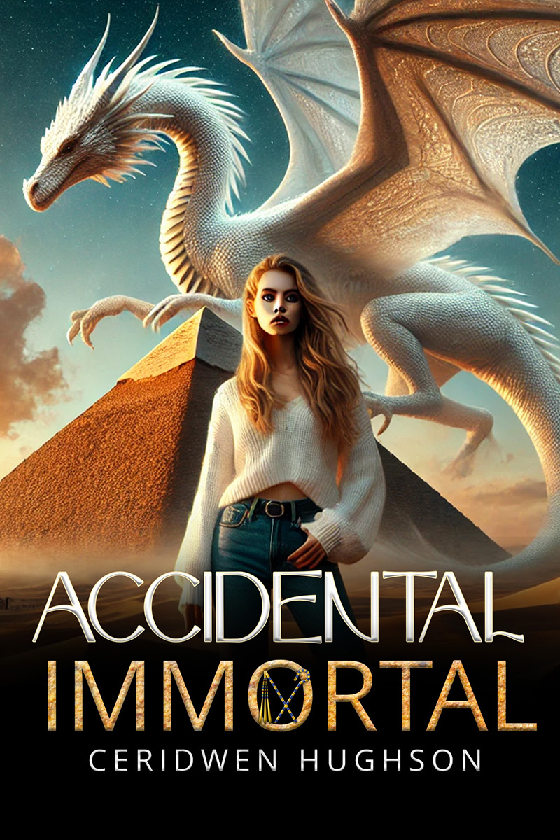 Book cover for Accidental Immortal by Ceridwen Hughson. A young woman stands in front of a pyramid at dusk while a large white dragon spreads its wings behind her. The title appears in gold lettering at the bottom.