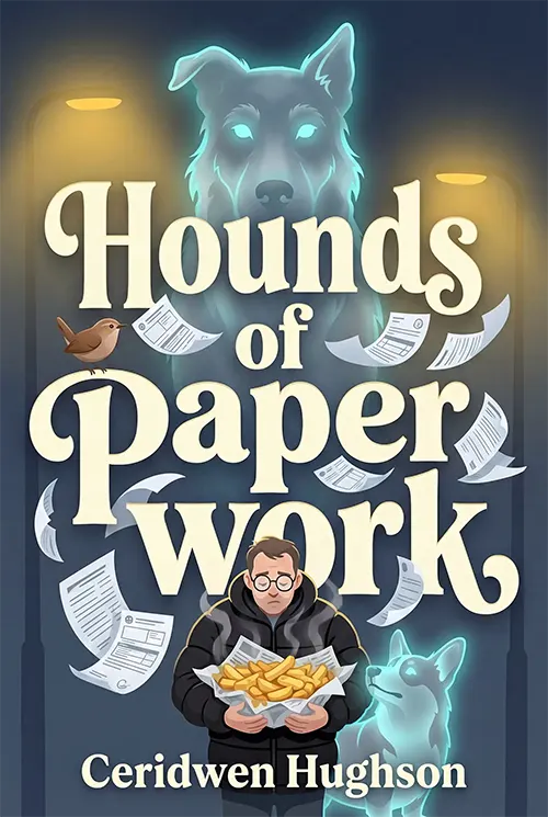 Hounds of Paperwork cover featuring Gareth holding chips and the corgi that bites him looking at him.
