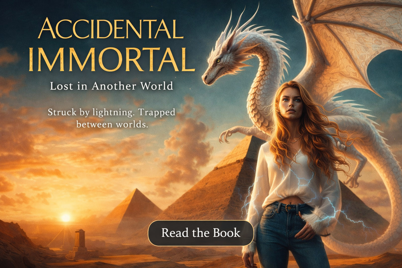 Lynsey Walker in Accidental Immortal standing before pyramids with a white dragon behind her at sunset