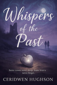 Book cover for Whispers of the Past by Ceridwen Hughson. A glowing silver heart-shaped locket lies on a sandy beach in the foreground. In the distance, a silhouetted couple walks hand-in-hand along the water's edge beneath a purple, moonlit sky and castle ruins. The tagline reads: "Some curses never sleep. Some hearts never forget."