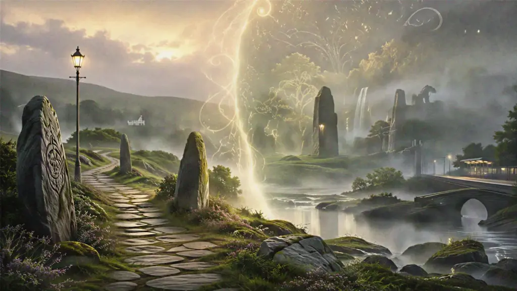 A misty Welsh landscape with standing stones, a glowing Otherworld seam, a river, and a modern railway platform in the distance.