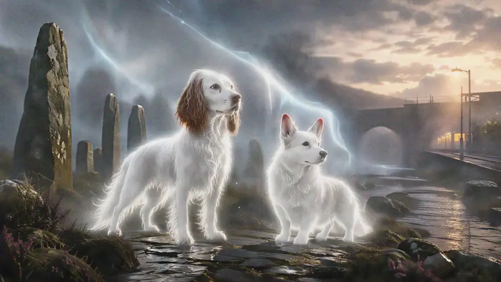 Two spectral white Cŵn Annwn, a Welsh springer spaniel and a corgi, with red-tipped ears beside standing stones and a misty Welsh railway arch.