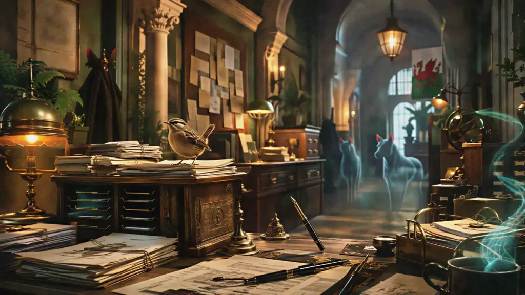 A magical civil service office with parchment files, brass lamps, a wren on the paperwork, and spectral Cŵn Annwn in the background.
