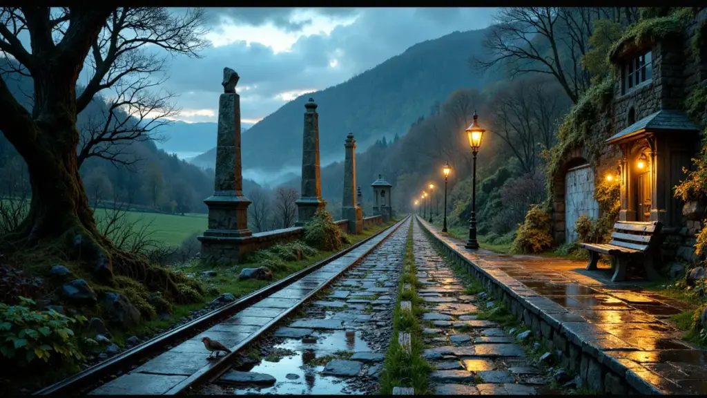 A wet Welsh railway platform at dusk with warm lamps, misty hills, old stone markers, and a wren near the tracks.