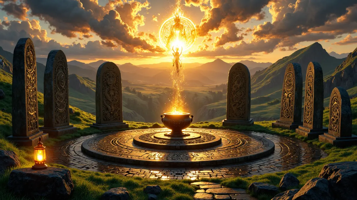A glowing cauldron in a Welsh stone circle at sunset, surrounded by standing stones, mountains, mist, and warm golden light.