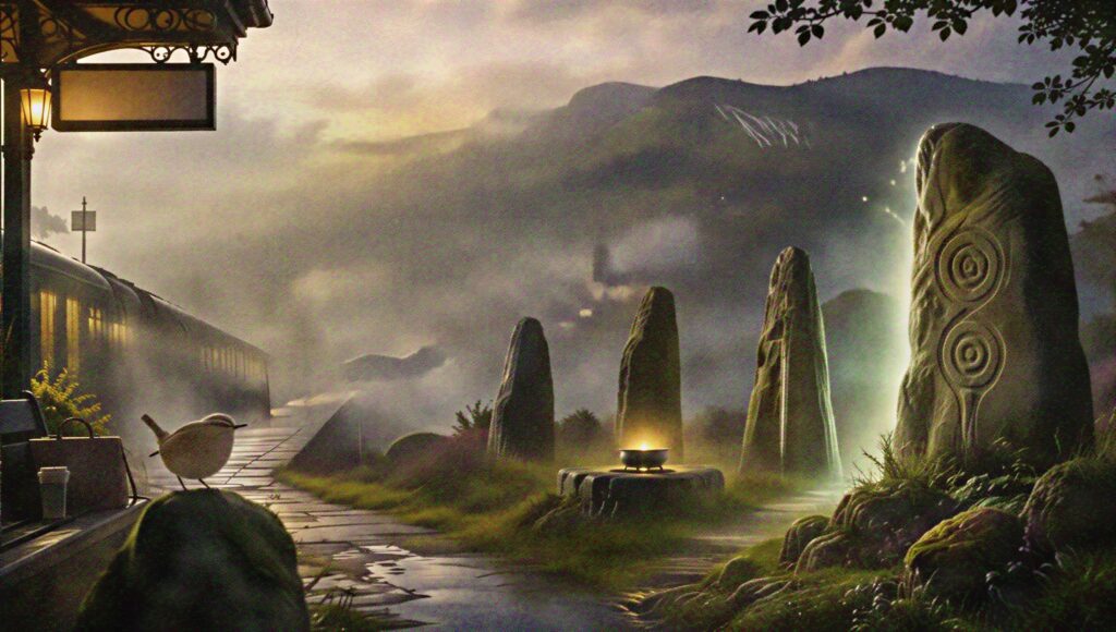 A misty Welsh railway platform beside standing stones, a glowing Otherworld doorway, a wren, and mythic symbols from Annwniad.