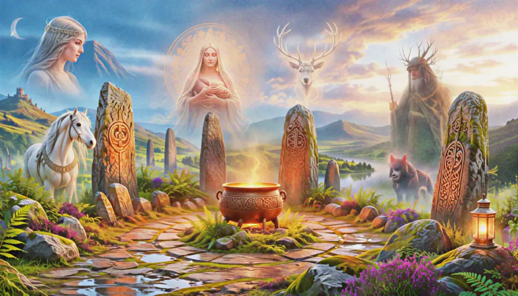 A glowing cauldron in a Welsh stone circle with a white horse, spectral hound, antlered figure, and mythic female figures in the misty hills.