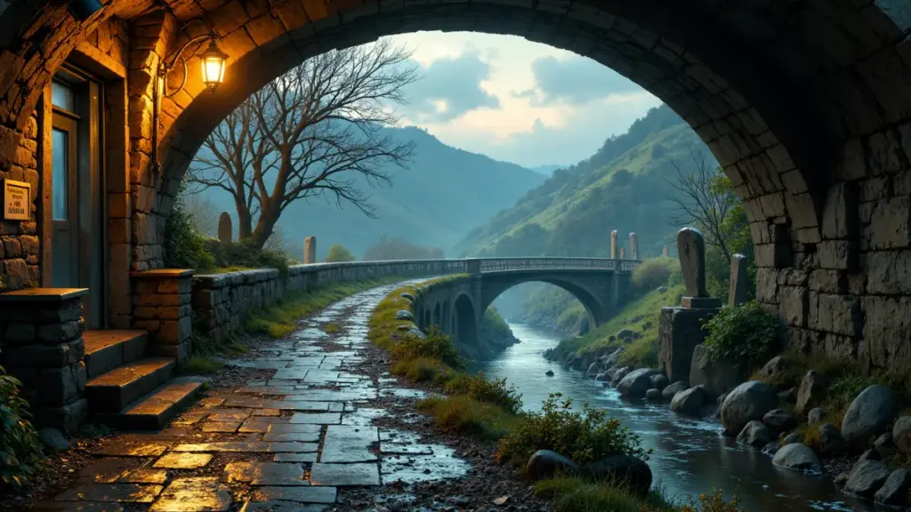 A wet stone path beneath an old arch, leading past standing stones to a misty Welsh river and bridge between green hills.