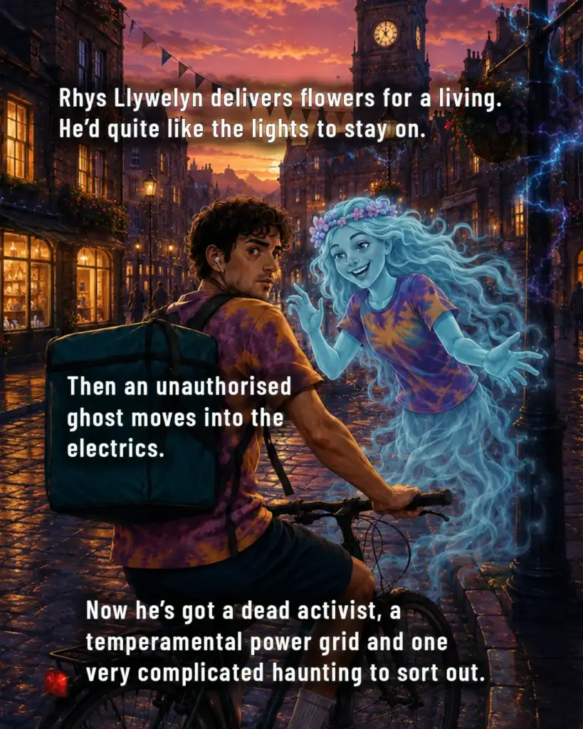 Rhys a florist courier is looking behind him as the ghost Delyth i s excitedly talking.