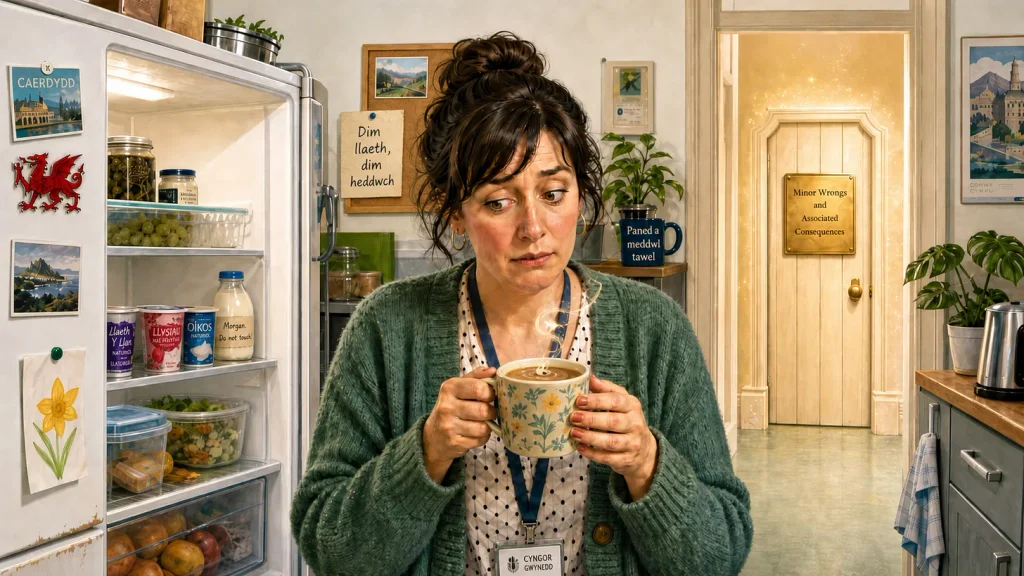 Gwen drinking contraband tea. The Curse of Fridge Shelf Three by Ceridwen Hughson, an Annwniad magical office fantasy short story