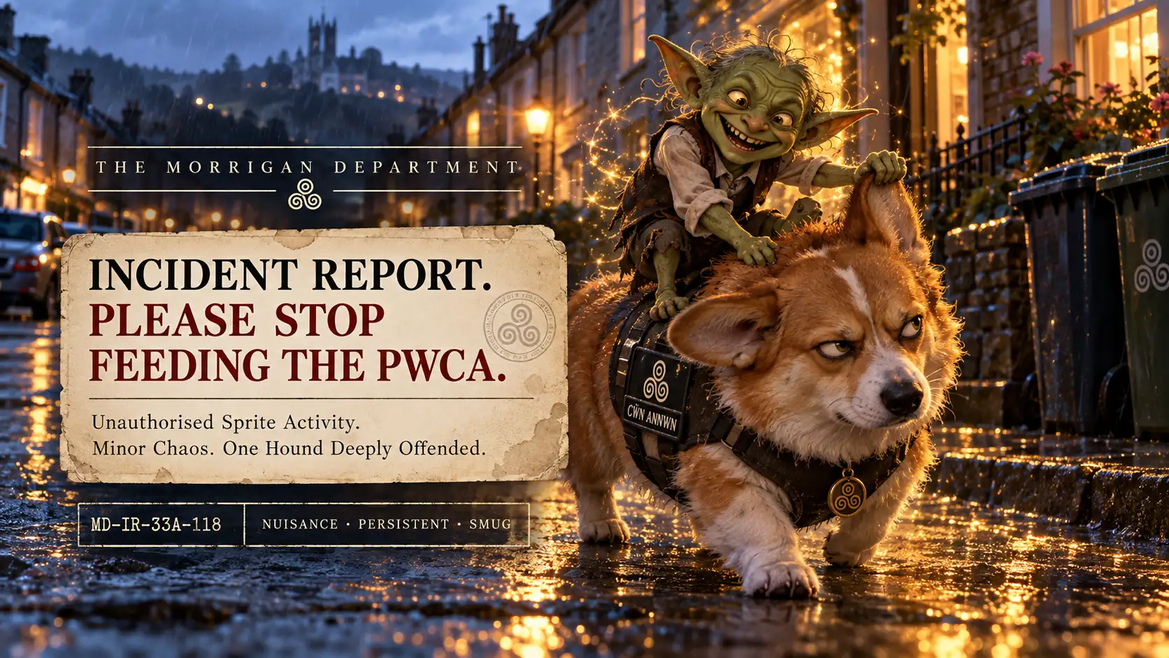 Pwca riding an annoyed Cardigan corgi during a Morrigan Department incident on a rainy West Wales street.